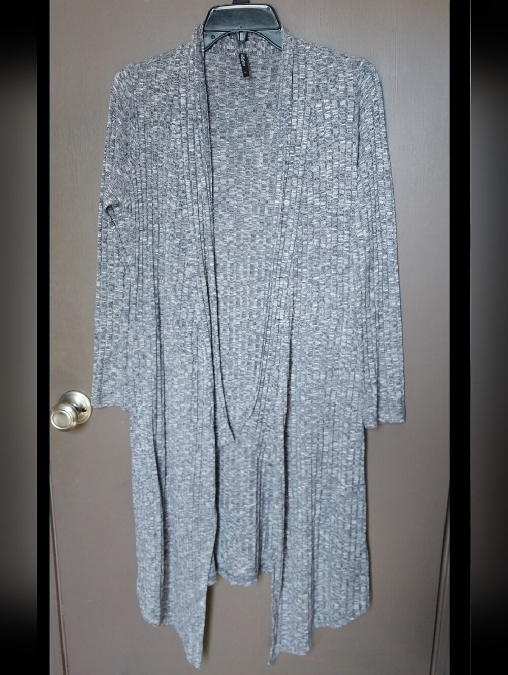 Open-Front Long Grey Ribbed Cardigan Sweater